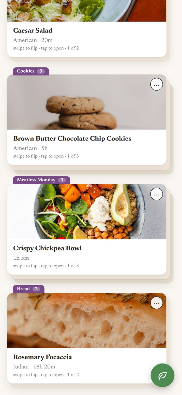 The Recipls recipe book, organized into stacks
