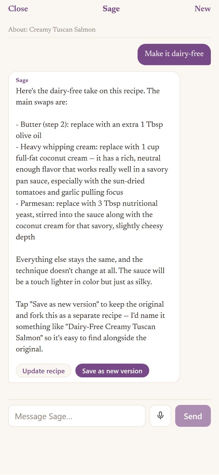 Asking Sage to make a recipe dairy-free