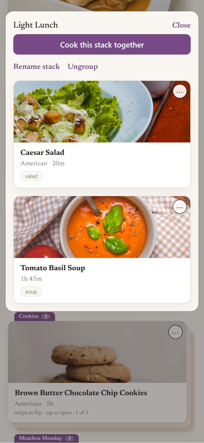 An open stack of related recipes in Recipls
